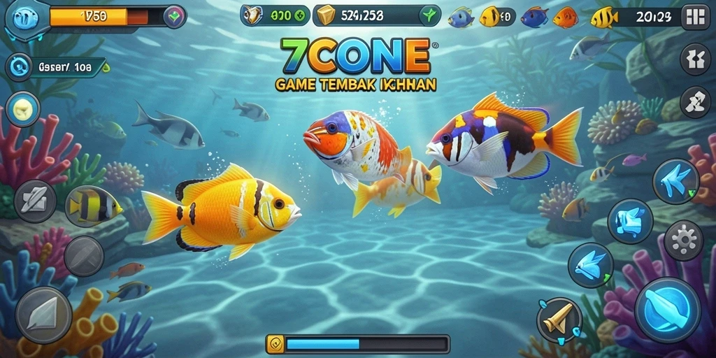 Tangkapan layar gameplay 7CONE menampilkan aksi menembak ikan yang seru.