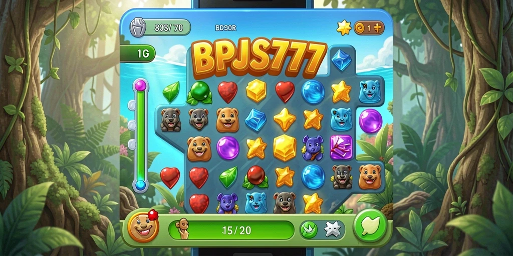 Tangkapan layar utama BPJS777 memperlihatkan momen seru mencocokkan benda di game Match-3.
