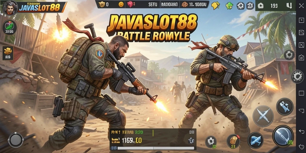 Screenshot gameplay penuh aksi dari JAVASLOT88 yang menampilkan pertempuran intens.