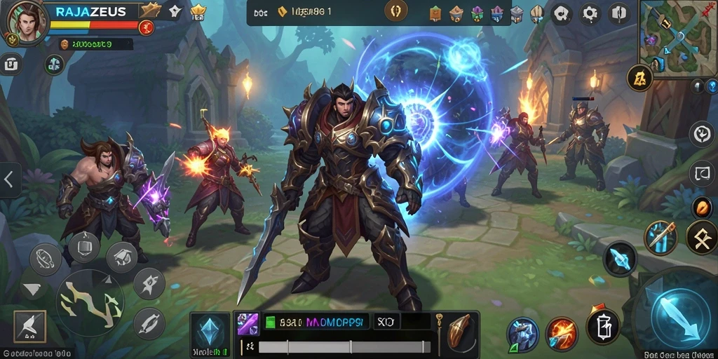 Screenshot utama RAJAZEUS menampilkan pertarungan epik dalam gameplay MMORPG.