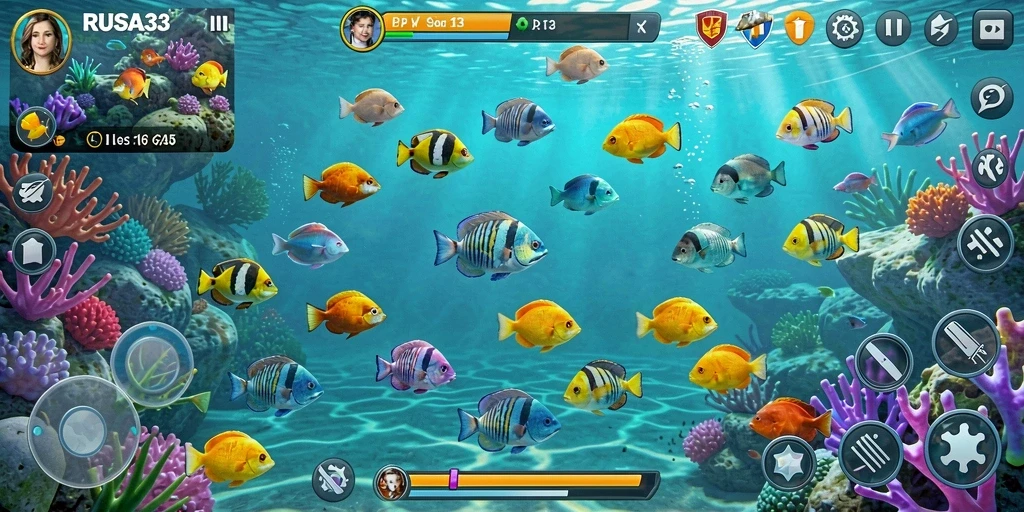 Screenshot menunjukkan gameplay seru menembak ikan.