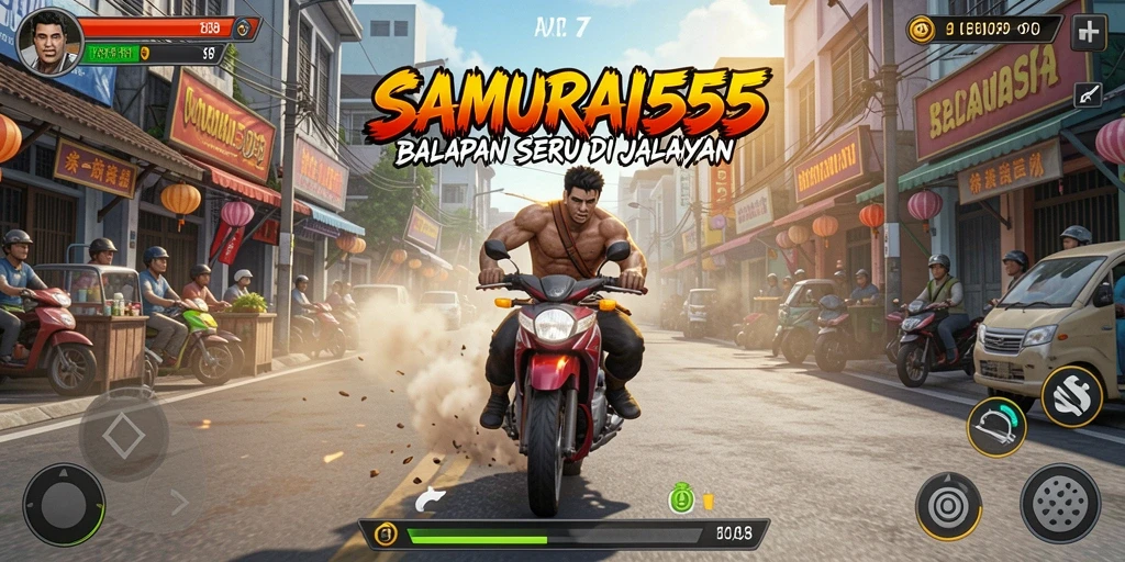 Tampilan gameplay <strong>SAMURAI555</strong> yang menegangkan dengan aksi balapan cepat.