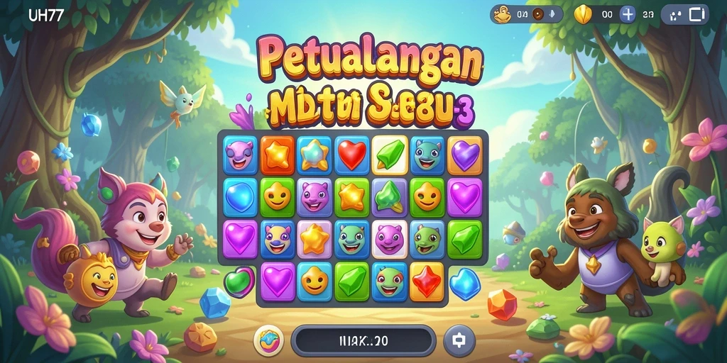 Screenshot UH77 menampilkan gameplay Match-3 yang seru dan penuh warna.